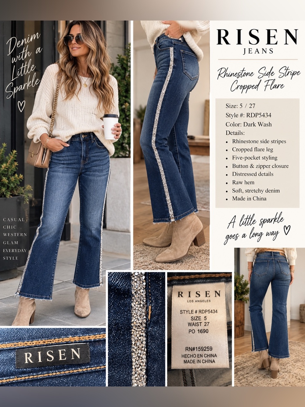 NWT Risen Jeans Size 5/27 Rhinestone Side Stripe Cropped Flare Denim